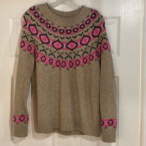 LOFT Beige Sweater with Vibrant Pink and Black Accents
 Size small fun print ski